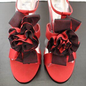 Ruby Red/Black Satin Nina Heels; rosette detail